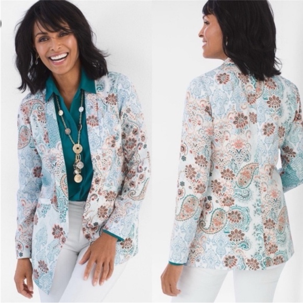 Chico's Moroccan Elegance Twill Open Front Blazer Size 2 Us 12/14 Lightweight